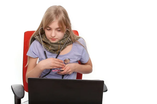 Hypochonder Girl Checking Herself Stethoscope Front Laptop — Stock Photo, Image