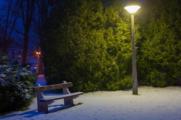 Snowy Park Notte Con Panca Lampione — Foto Stock