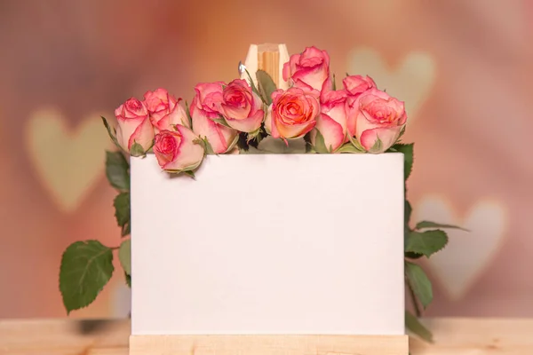 Ahşap bir arka planda pembe güller, yazı için beyaz bir yer, sehpa, 14 Şubat veya 8 Mart bayramı için pembe arka plan, Sevgililer Günü