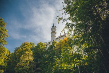 Dünyaca ünlü Neuschwanstein Şatosu 'nun güzel manzarası, Fussen yakınlarında manzaralı dağ manzarası, güneybatı Bavyera, Almanya