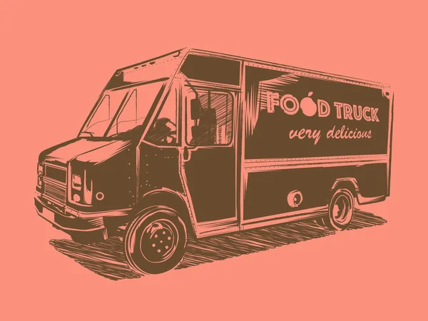 Painted vector food truck on a pink background.