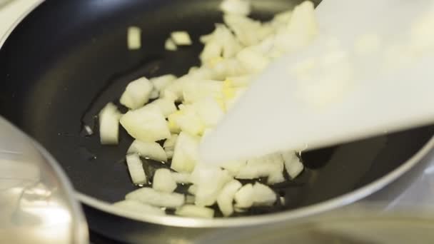 Uien worden toegevoegd aan een olie in een pan. — Stockvideo