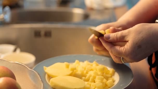 As mãos da mulher cortam a batata . — Vídeo de Stock