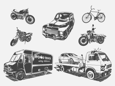 Vektör resim kümesi taşıma motosiklet, Bisiklet, Araba, yedekte kamyon, gıda kamyon.