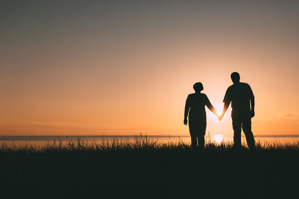 Silhouetten eines erwachsenen Paares bei Sonnenuntergang. — Stockfoto