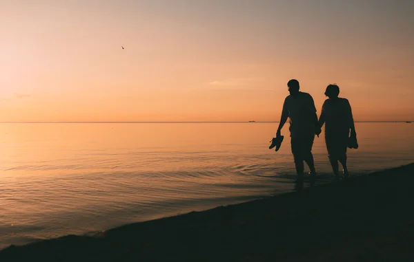 Silhouette of adult couple walks on the seashore against a sunset. — Stock Photo, Image