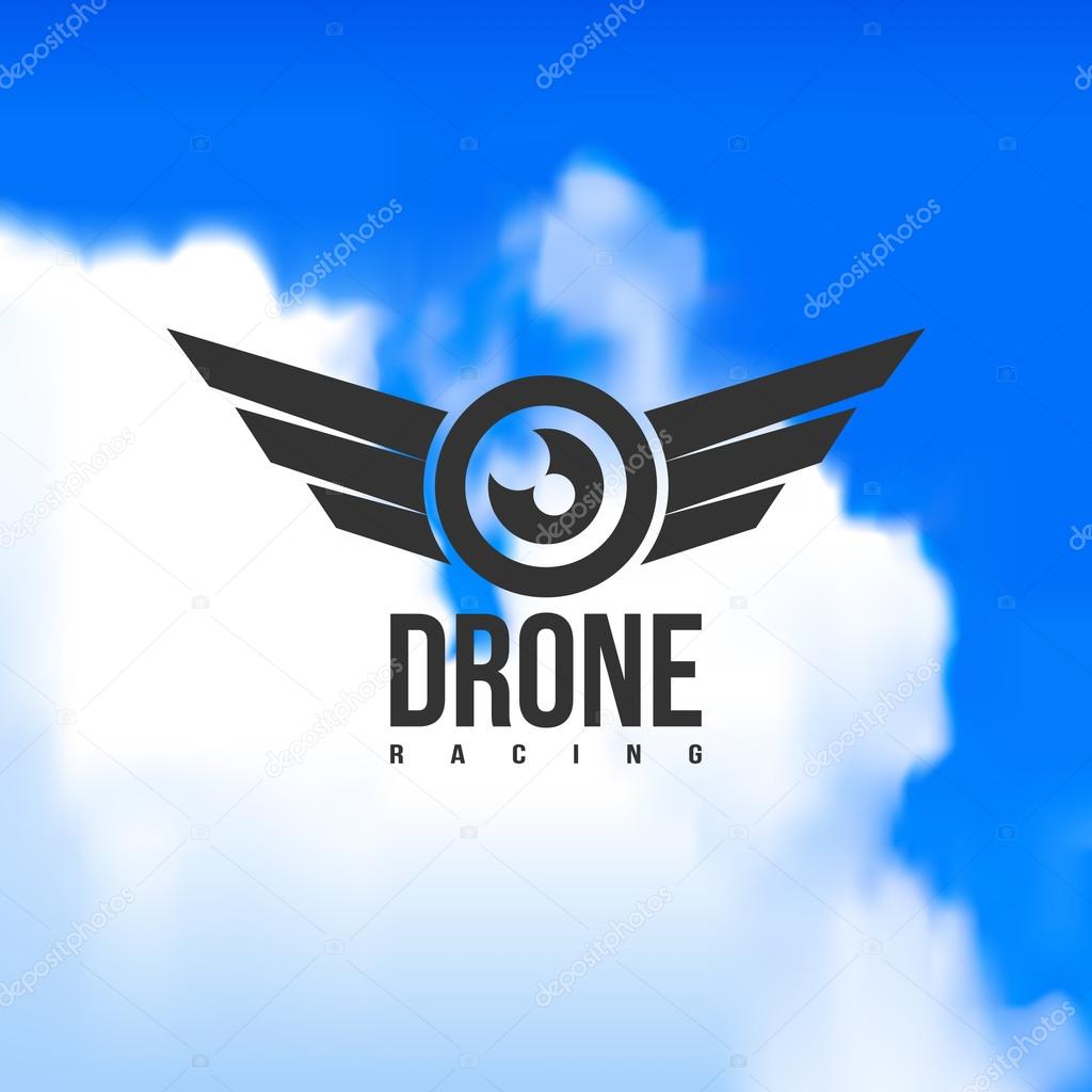 Beautiful drone racing logo on a sky background. Vector art.