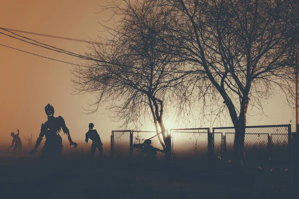 Flera zombie i fältet nära träd. — Stockfoto