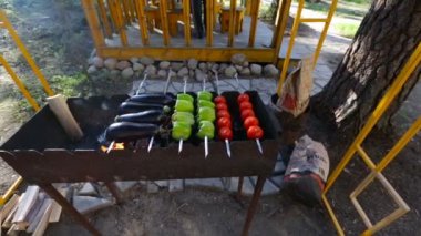 Kamera üzerinde sağ sol hareket eder ve sebze öğleden sonra bir mangal üzerinde hazırlanırken kaldırır.