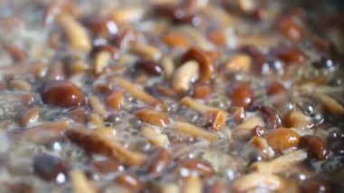 Bir tavada kızartılmış mantar tahta kürek karışımları.