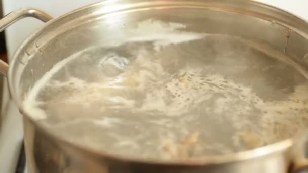 汤煮在平底锅侧面视图. — 图库视频影像