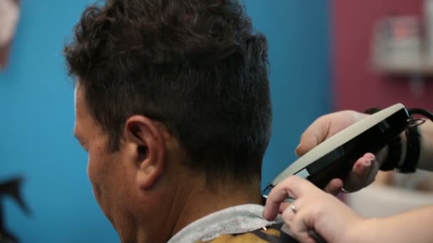 Peluquería corta al cliente con la ayuda de la máquina clipper . — Vídeo de stock