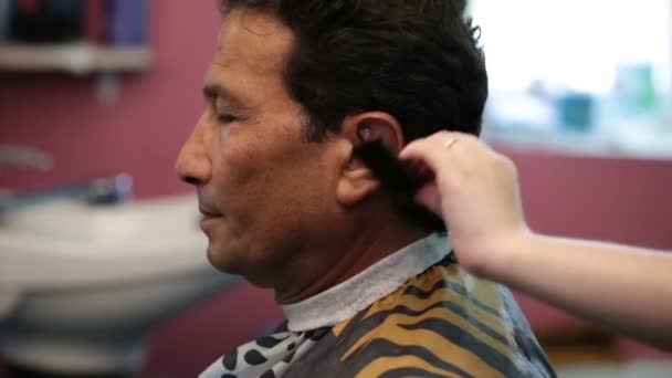 Coiffeur peignage client homme brunette . — Video