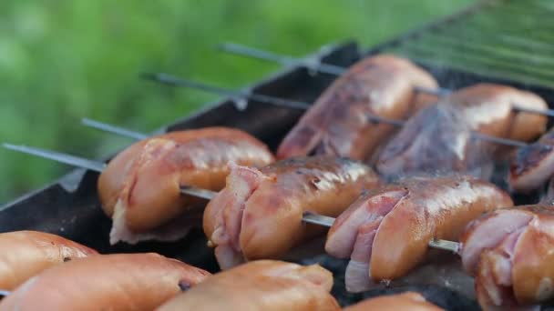 Salsicha grelhada com bacon em espetos — Vídeo de Stock