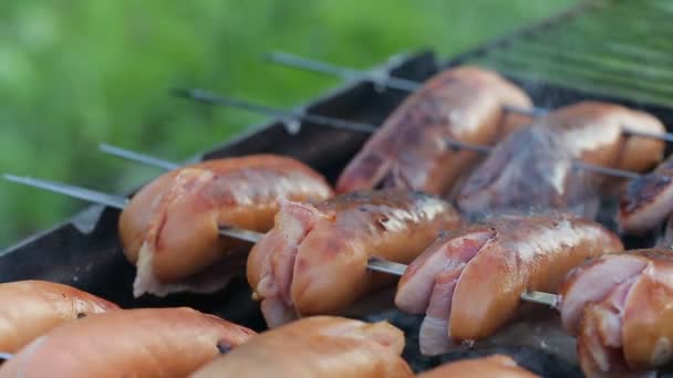 Salsiccia alla griglia con pancetta sugli spiedini — Video Stock