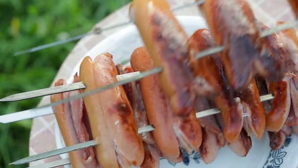 Klobása na grilu se slaninou na jehle — Stock video