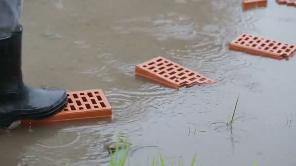 El hombre pasa un charco sobre los ladrillos — Vídeo de stock