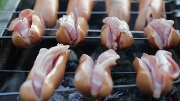 Enchidos e bacon em espetos — Vídeo de Stock