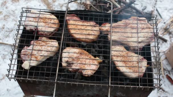 Grill gekookt op mongale — Stockvideo