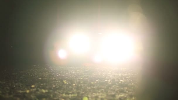 Starkt ljus av bilstrålkastare på natten i skogen — Stockvideo