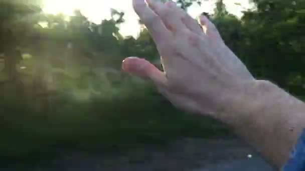 Mans mano sobre la ventana del coche mientras conduce — Vídeos de Stock