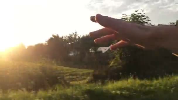 Mans mano sobre la ventana del coche mientras conduce — Vídeos de Stock