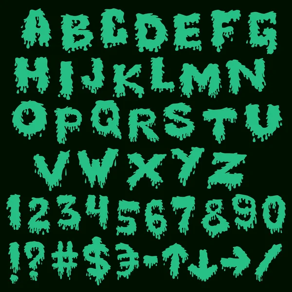 Manchas de fonte verde. salpicos de alfabeto — Vetor de Stock
