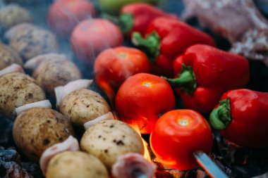 Et ve sebze kömürün üstünde kavrulmuş