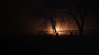 Ağaçların arkasında bir çitin arkasına adamlar gece ve ışık efekti.