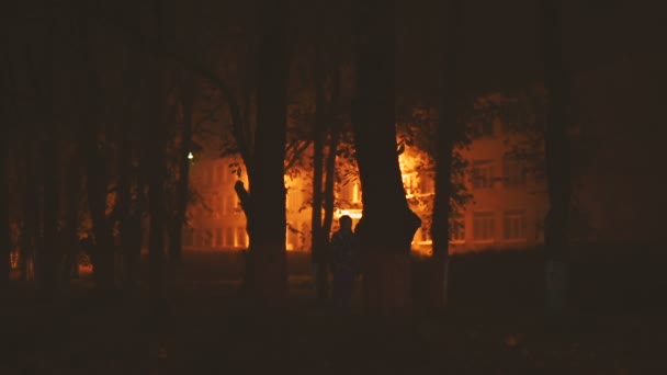 Dva chlapi v parku v noci. — Stock video
