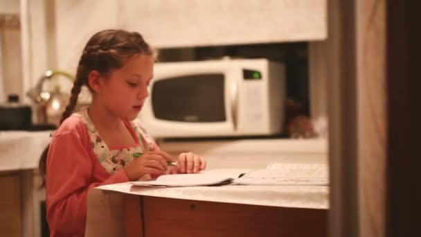 Liten flicka gör sina läxor. — Stockvideo