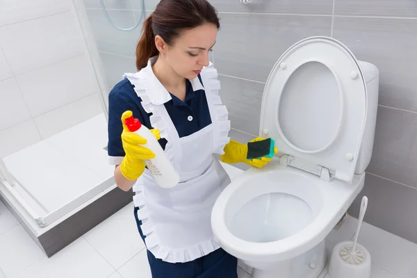 Housekeeper with sponge and cleaner at toilet — Stock Photo, Image
