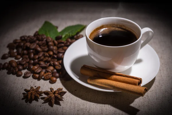 Single cup of coffee with cinnamon and spices — Stockfoto