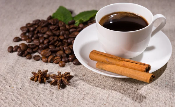 Single coffee with spices and beans on tablecloth — Stock Fotó