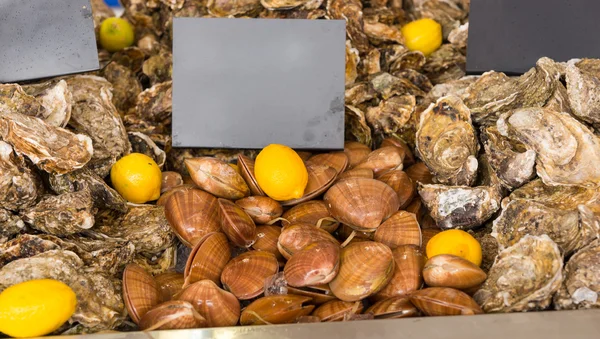 Čerstvé mušle na prodej na trhu — Stock fotografie
