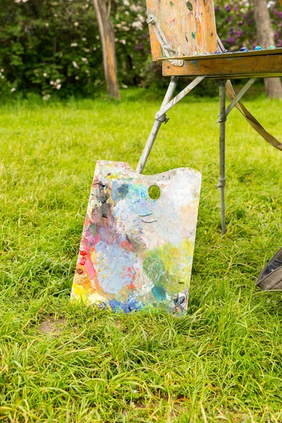 Профессиональная разноцветная палитра на траве — стоковое фото