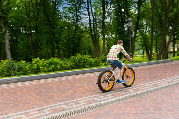 Man met een fiets op een voetpad in een park — Stockfoto