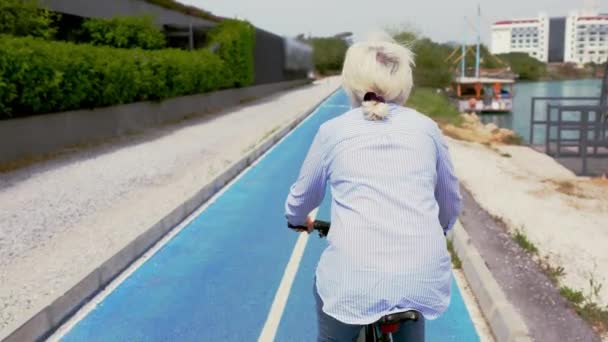 Vista da parte de trás de uma mulher andando de bicicleta — Vídeo de Stock