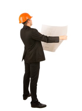 Young structural engineer holding as blueprint clipart