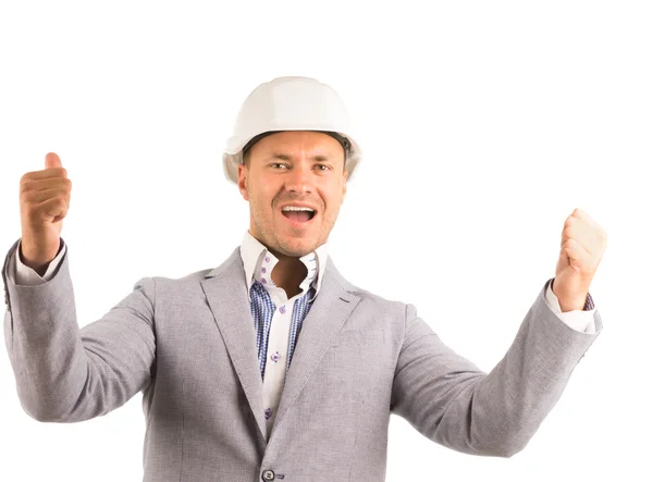 Enthusiastic engineer showing thumbs up on white — Stock Photo, Image