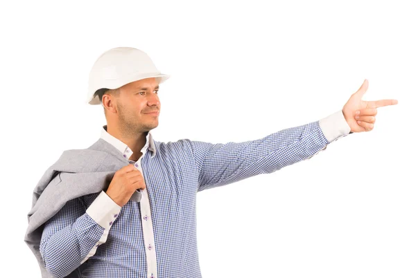Sorridente ingegnere Puntando mentre cappotto sulla spalla — Foto Stock