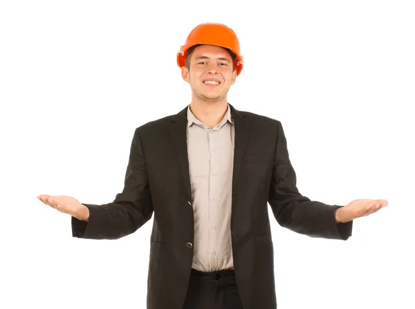 Sonriente joven ingeniero masculino en abrigo negro — Foto de Stock