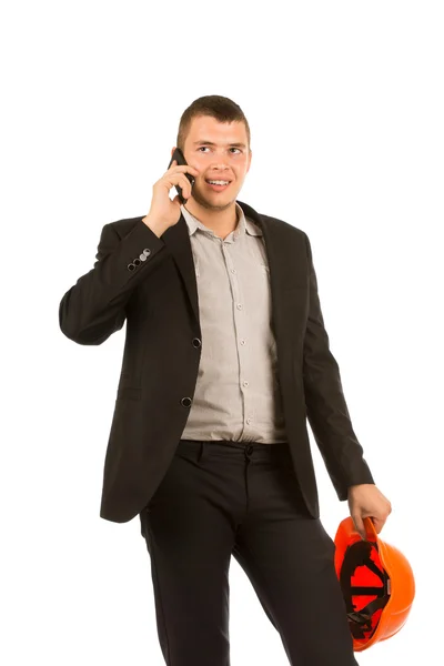 Close up Middle Age Engineer Talking Through Phone — Stock Photo, Image