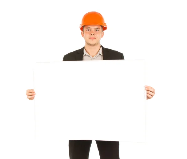 Beyaz erkek mühendis Blueprint kağıt gösteriliyor — Stok fotoğraf