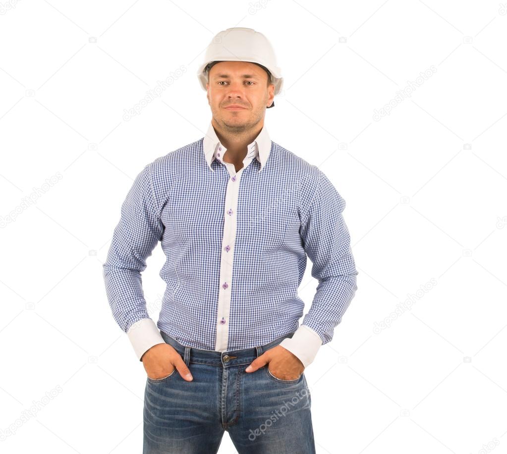Middle Age Engineer on White Blue Checkered Polo
