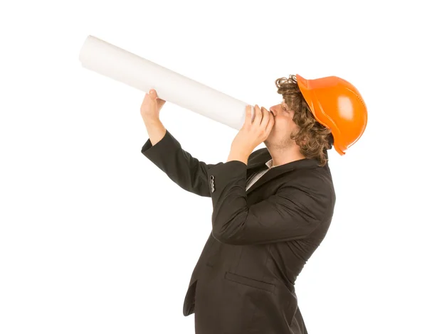Curly Male Engineer Announcing Using Blueprint — Stock Photo, Image