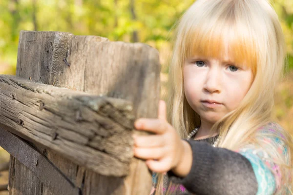 Pretty young blond girl holding a wooden gate — Stock Photo, Image