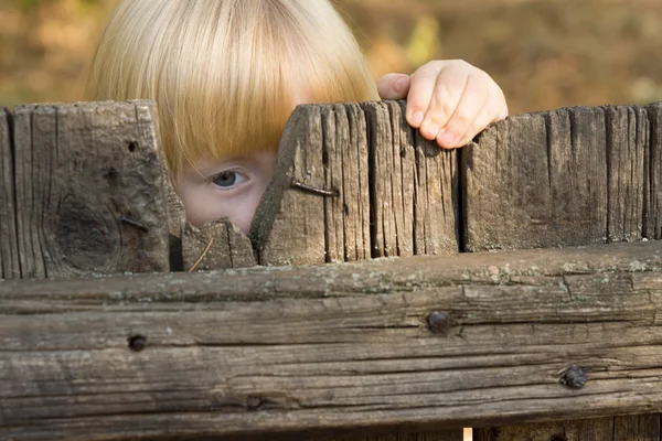 Schattig klein blond meisje "peering" door een hek — Stockfoto