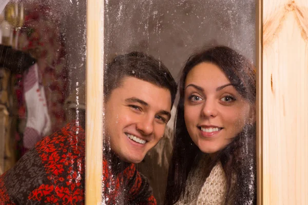 Happy Couple Behind Glass Windows — Stock Photo, Image