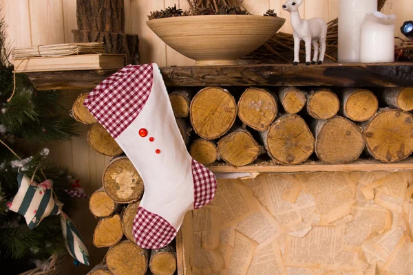 Christmas Stocking Hanging from Rustic Mantle — Stock Photo, Image